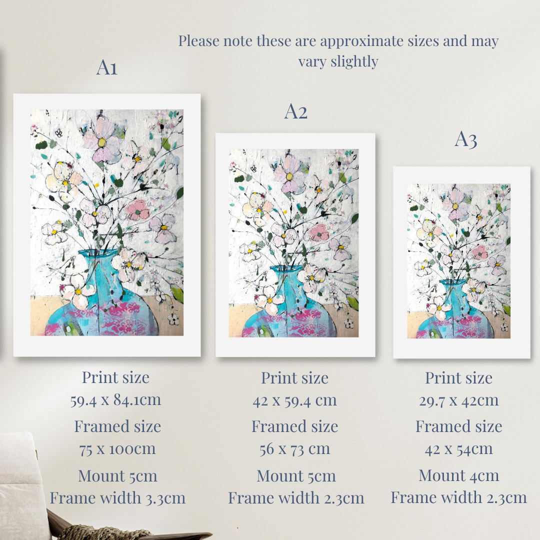Delicate flowers in blue and pink vase - Limited edition print