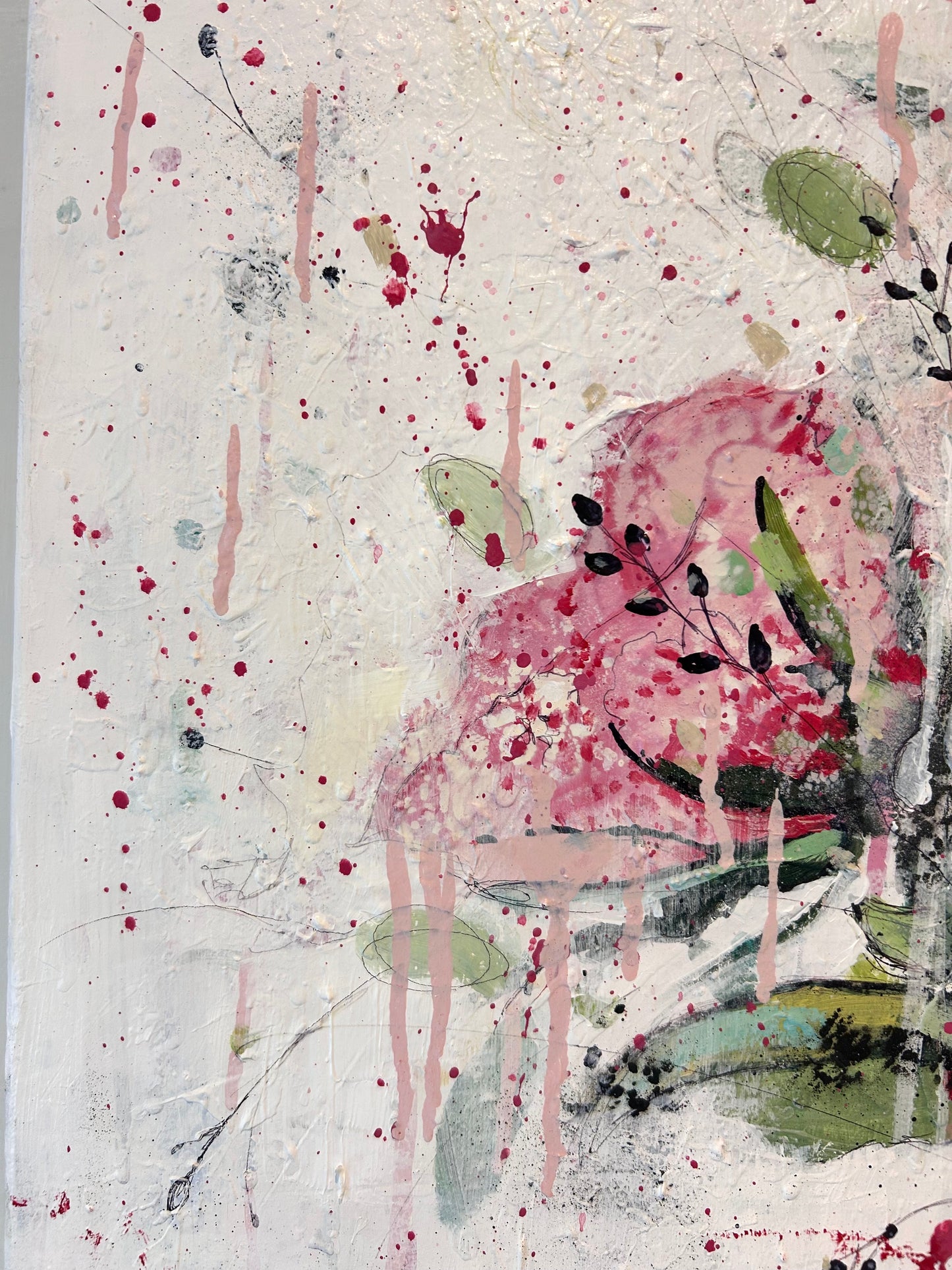 Peonies in round blue vase