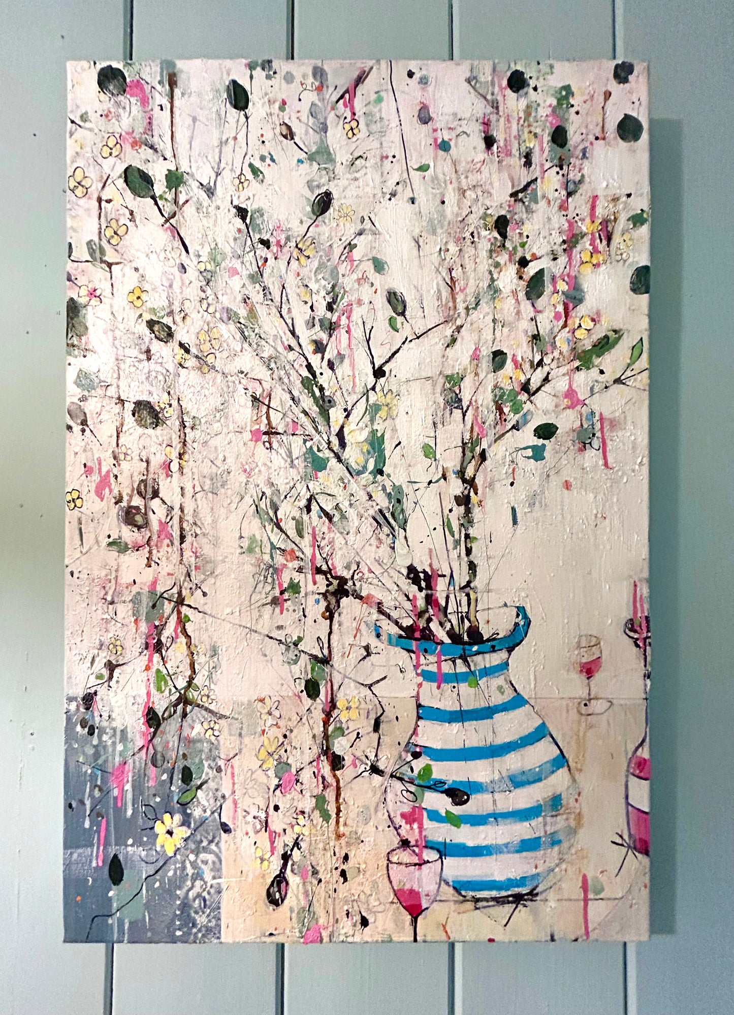 Blossom in blue and white stripped vase