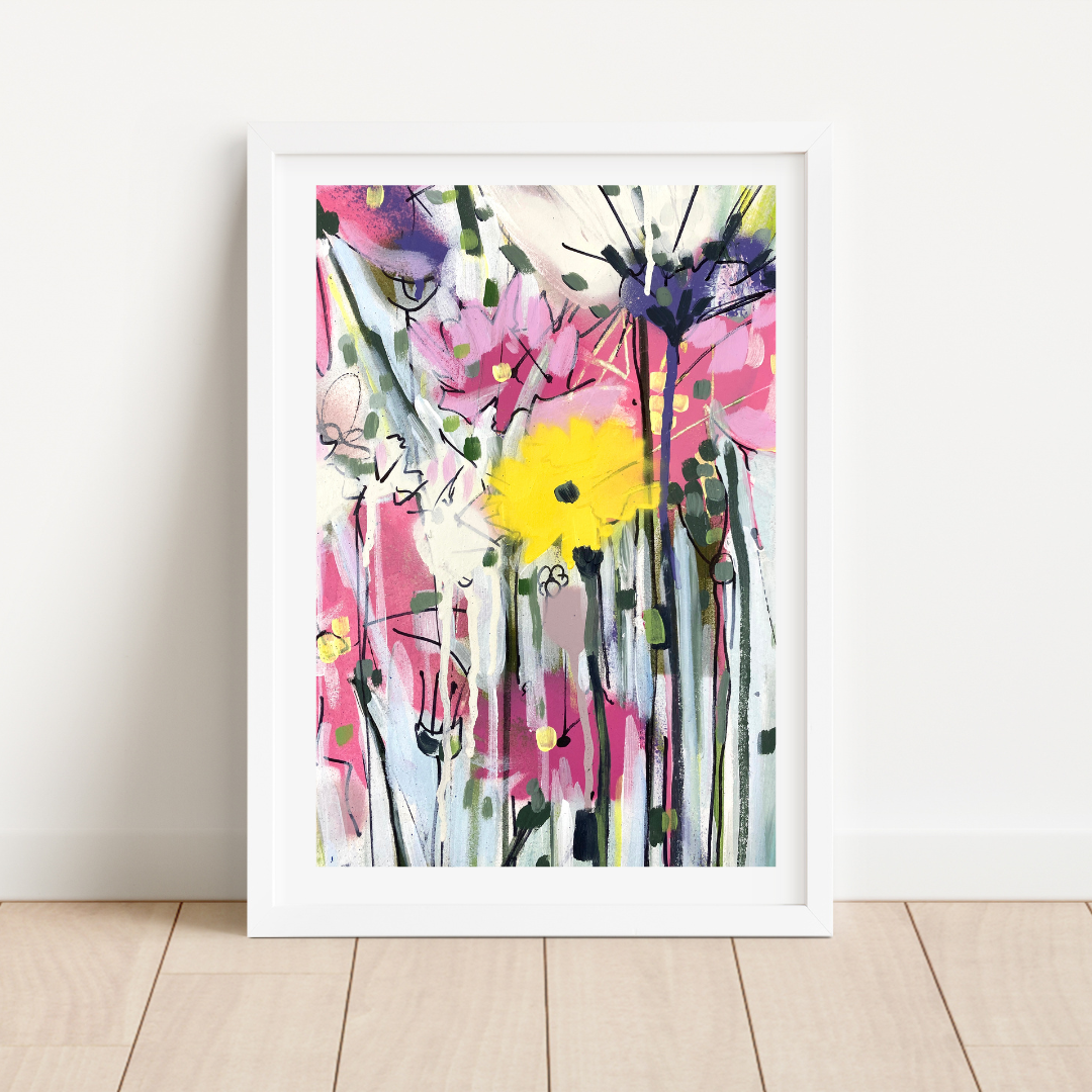 Buttercup and pink flowers limited edtion print