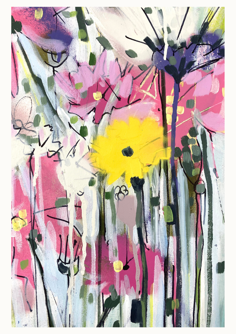 Buttercup and pink flowers limited edtion print