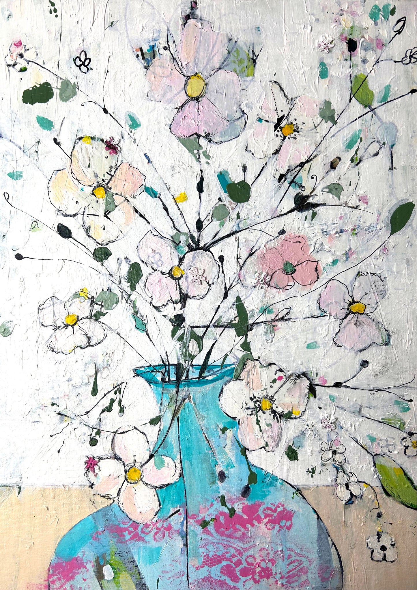 Delicate flowers in blue and pink vase - Limited edition print