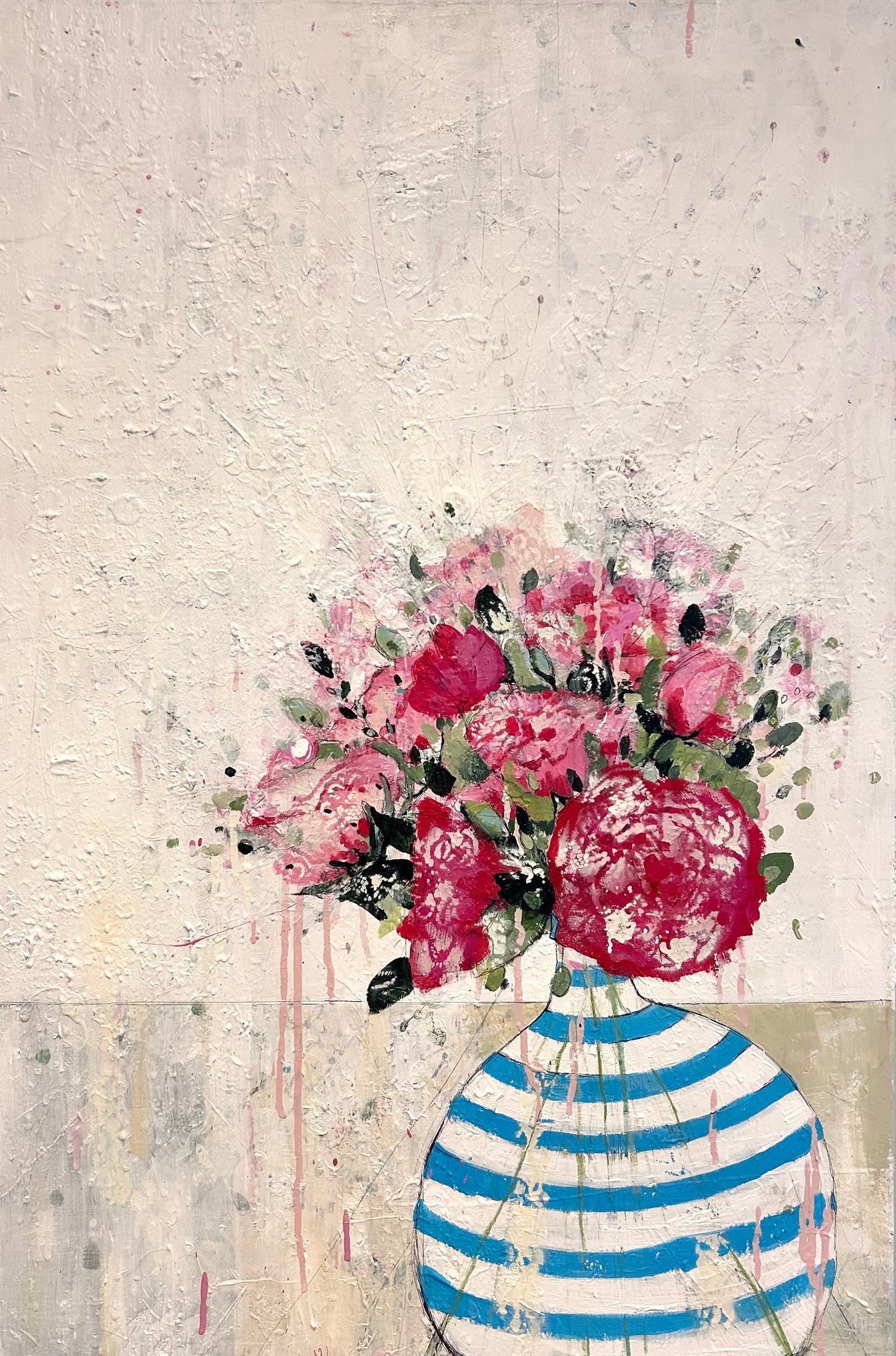 Peonies in blue and white stripped vase