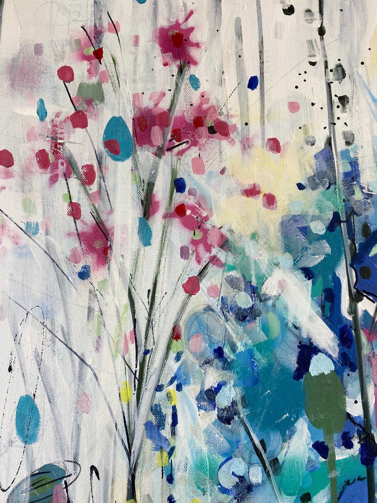 Blue and pink flower painting detail