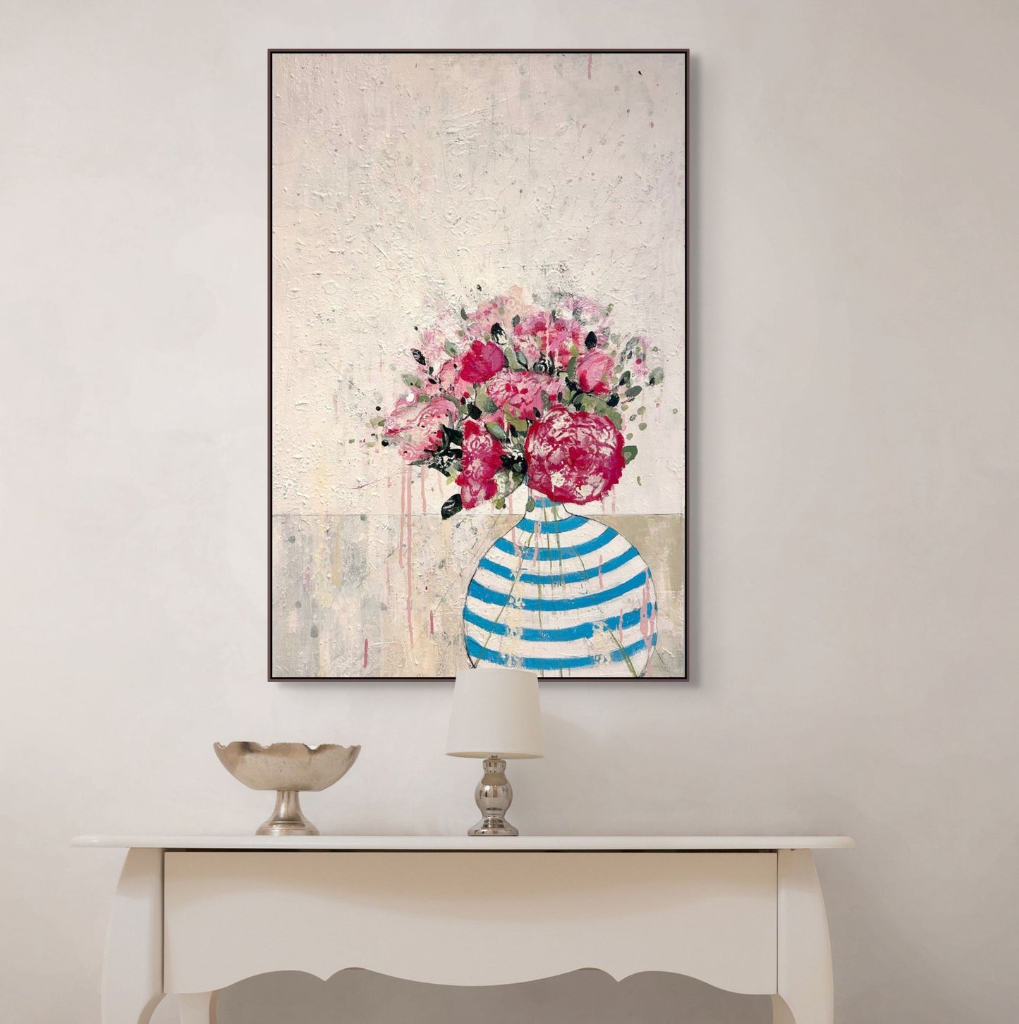 Peonies in blue and white stripped vase