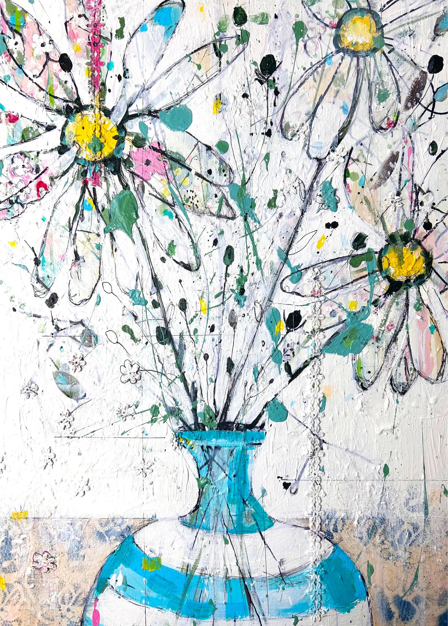 Daisies in blue and white stripped vase - Limited edition print