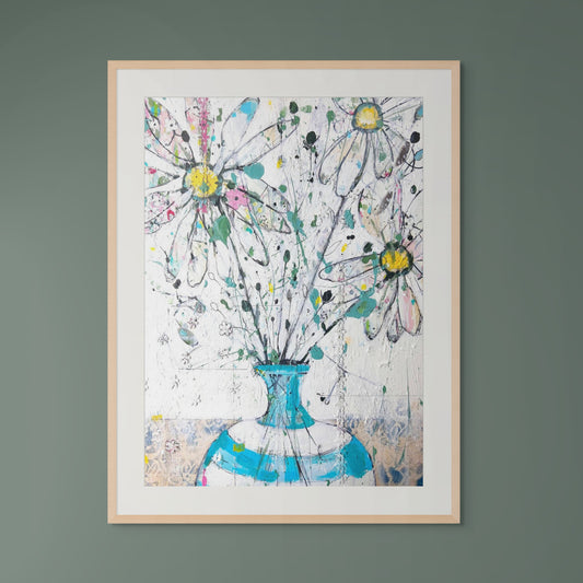 Daisies in blue and white stripped vase - Limited edition print