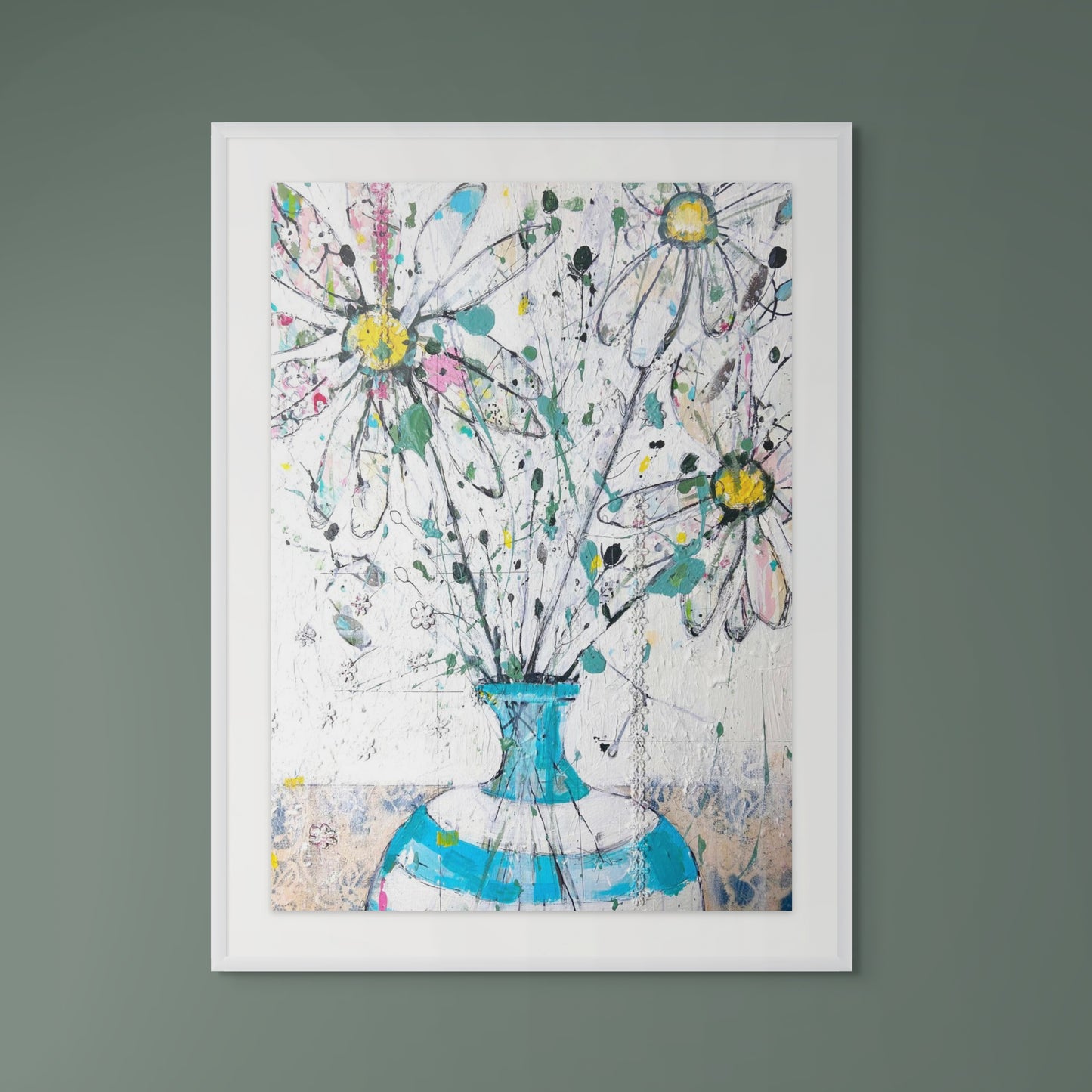 Daisies in blue and white stripped vase - Limited edition print