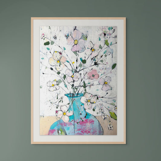 Delicate flowers in blue and pink vase - Limited edition print