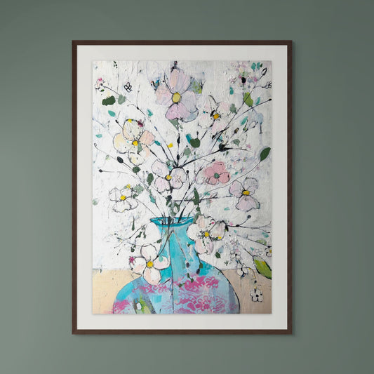 Delicate flowers in blue and pink vase - Limited edition print