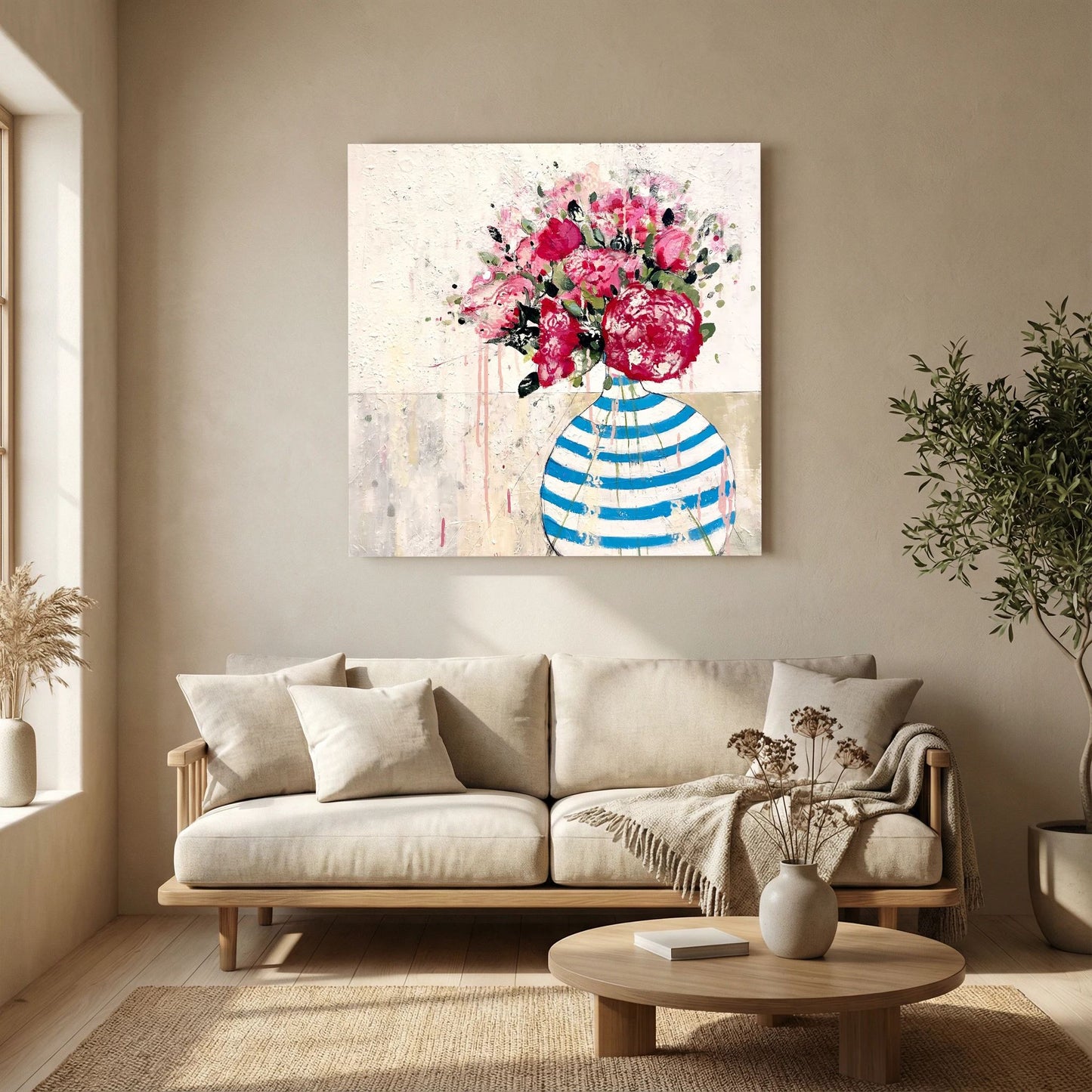blue and white stripped vase