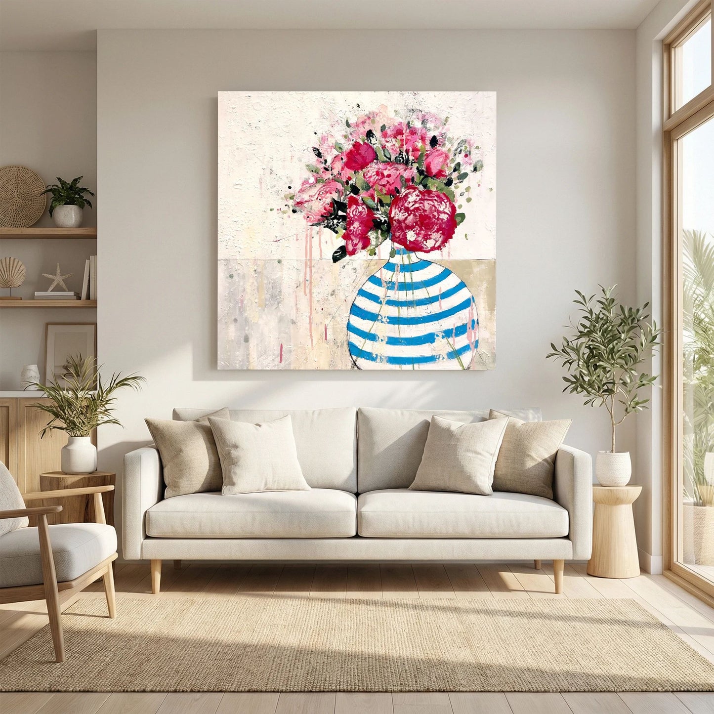 blue and white stripped vase