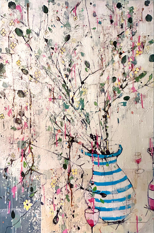 Blossom in blue and white stripped vase