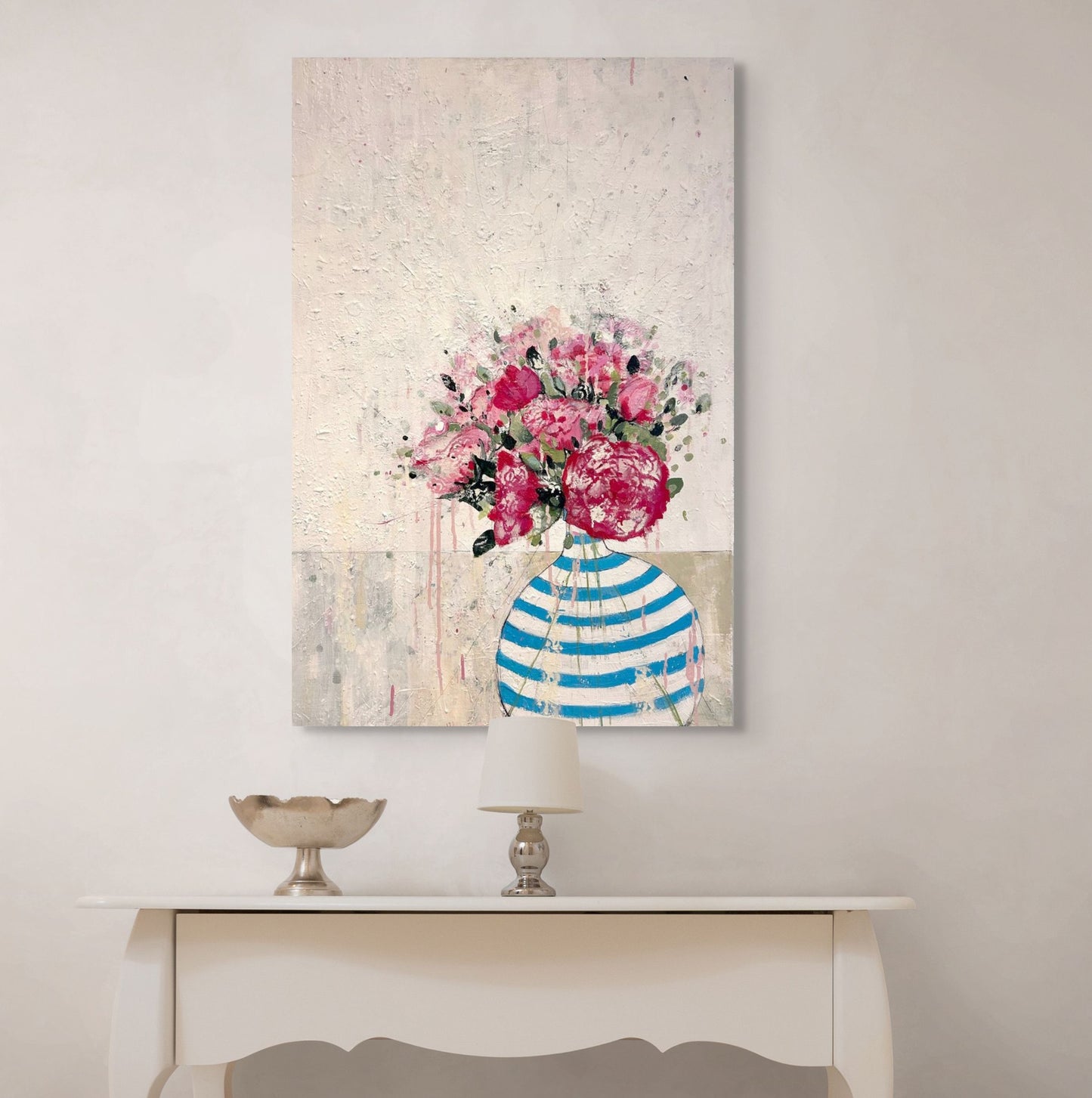 Peonies in blue and white stripped vase