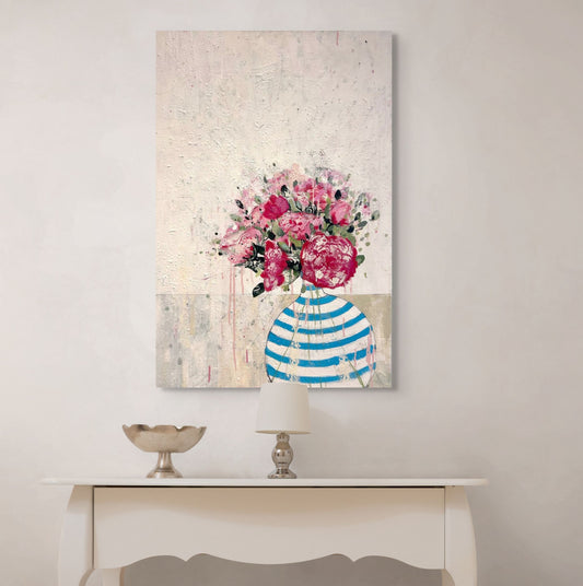 Peonies in blue and white stripped vase