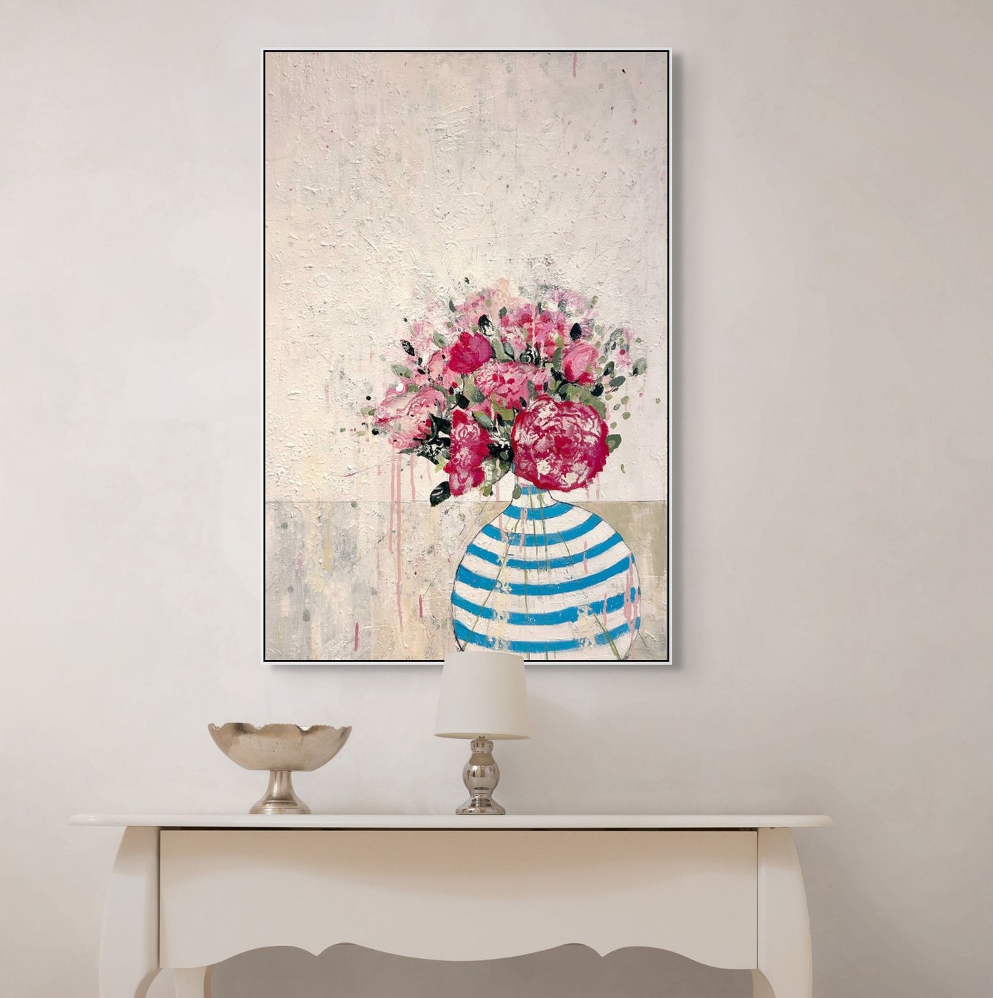 Peonies in blue and white stripped vase