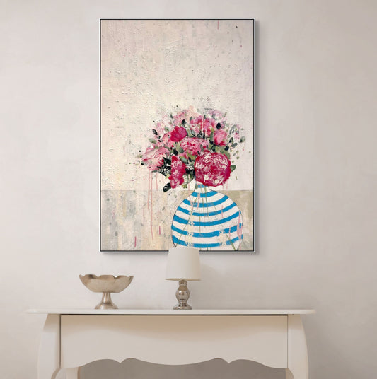 Peonies in blue and white stripped vase